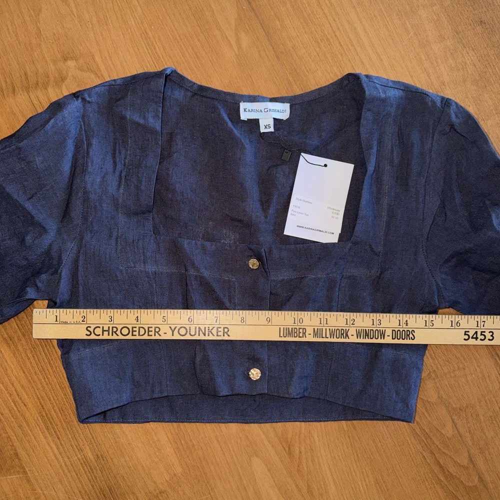 NEW Karina Grimaldi Pao Linen Button Up Top Navy Women's Size XS MSRP $92 - Picture 4 of 10
